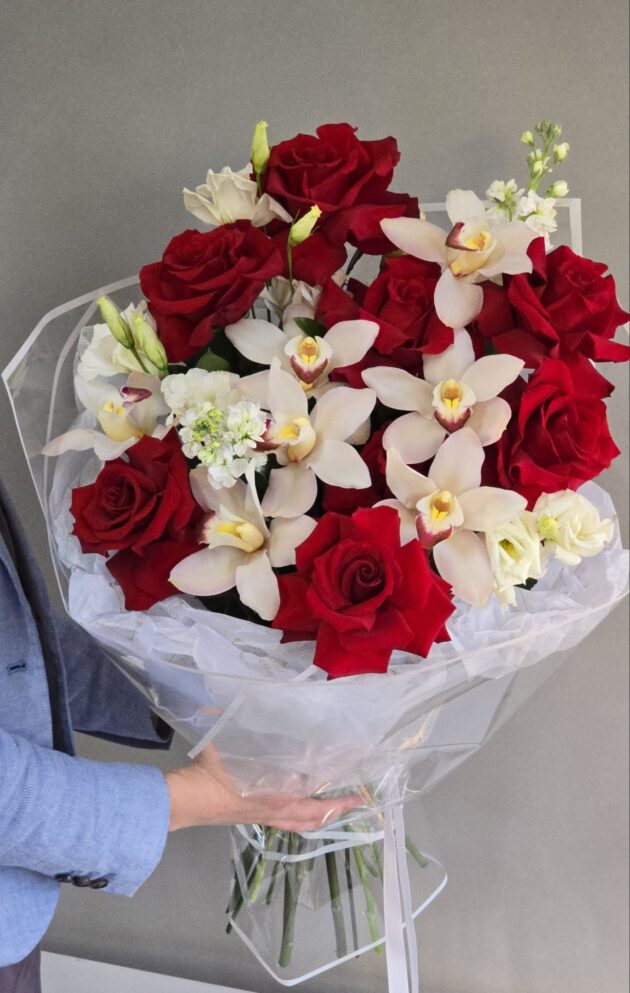 Flame and Grace Red Rose with White Orchids