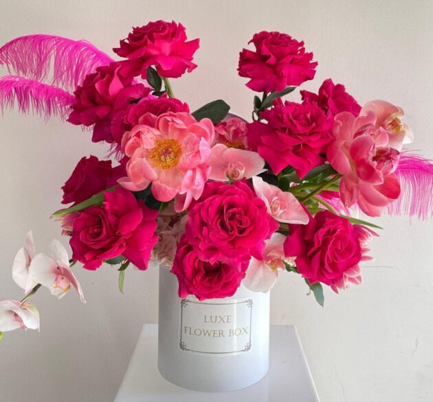 Flamingo Flower Box Roses, Coral Peony, Orchids, Feathers