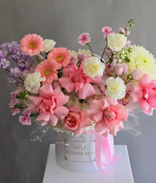 Lovely Pink Flower Box Roses, Gerbera, Carnation