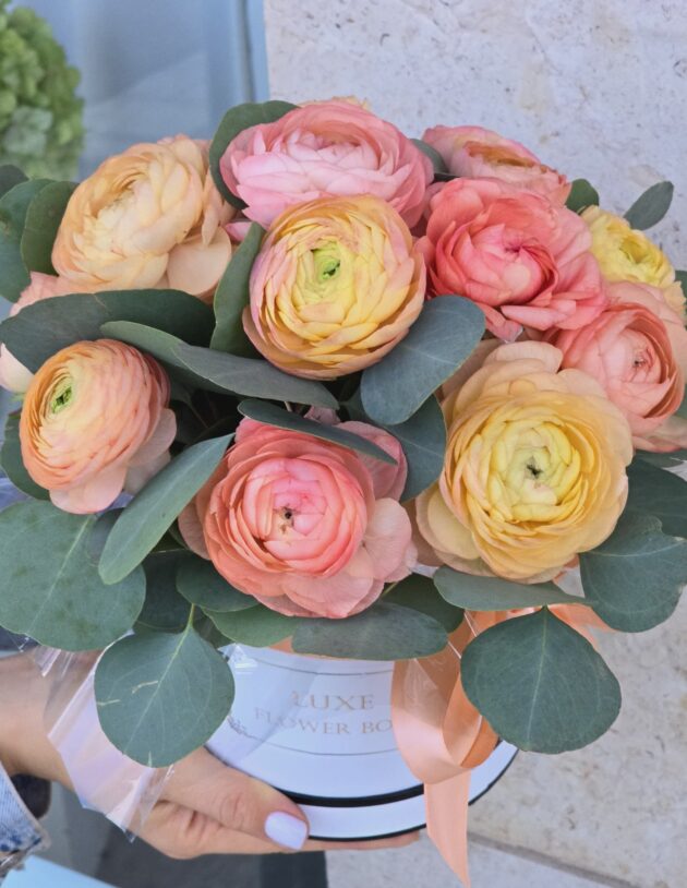 Peach Ranunculus with Eucalyptus Flower Box