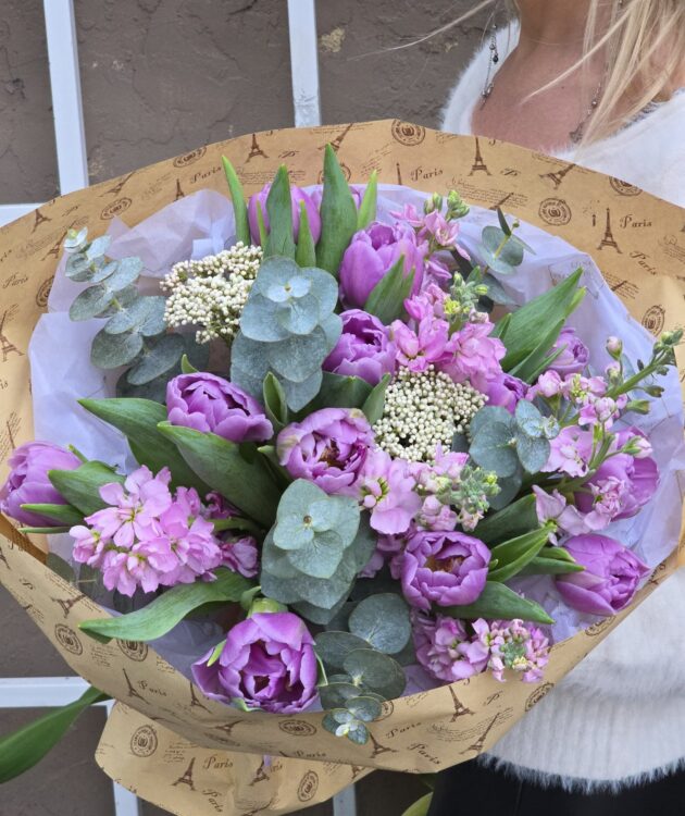 Violet Peony Double Tulips Stock Eucalyptus Bouquet