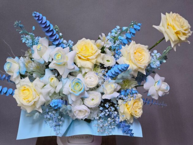 "White and Blue" Flower Box Ranunculus, Garden Roses, Eucalyptus
